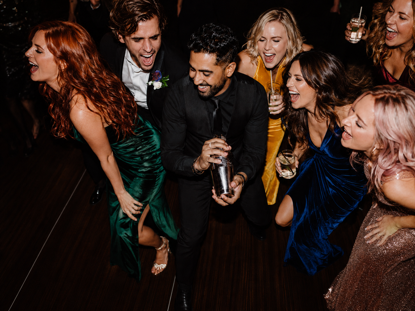 Mobile bar party scene with guests holding drinks